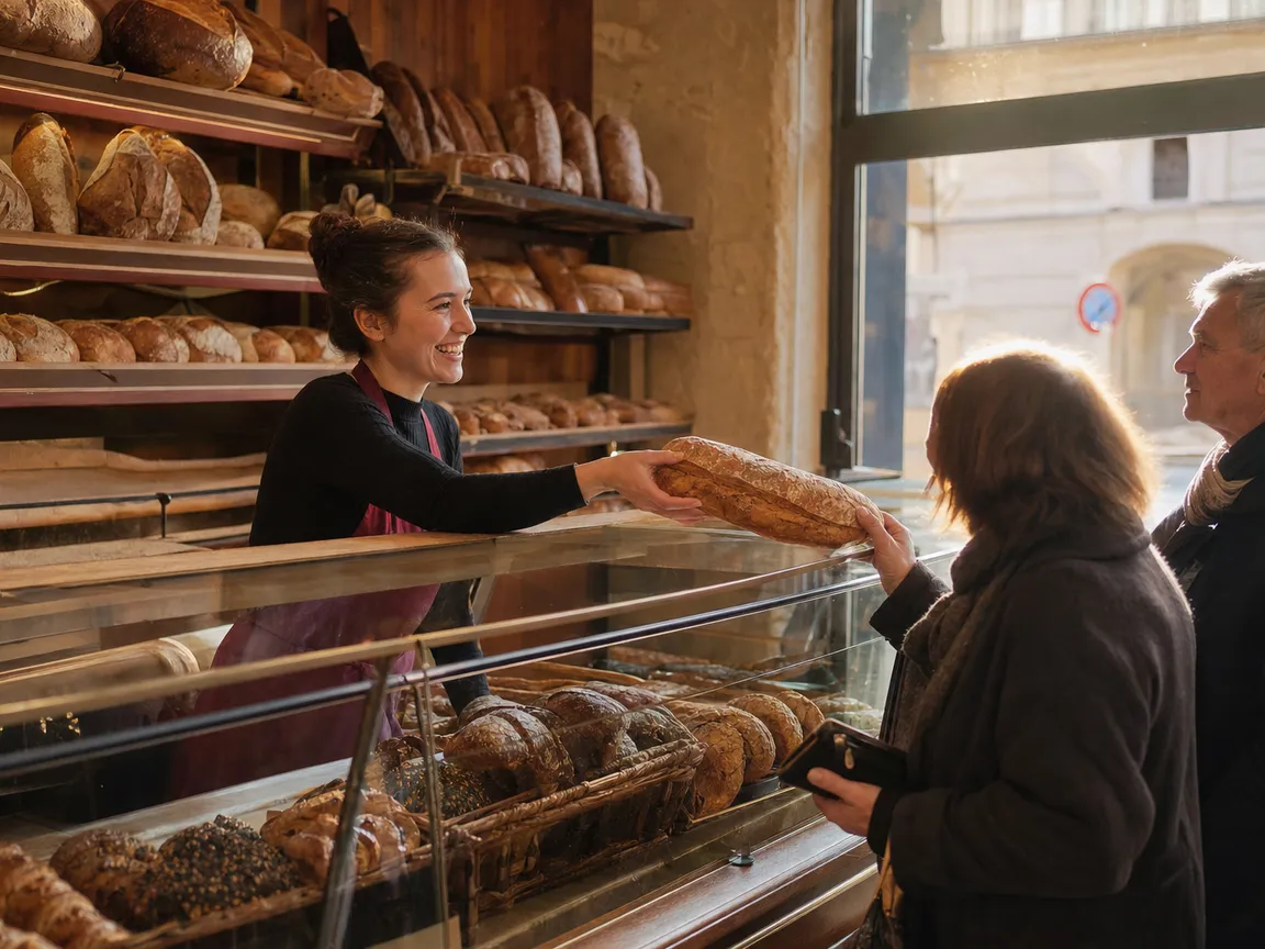 La boutique le matin, une vendeuse sert les clients au comptoir