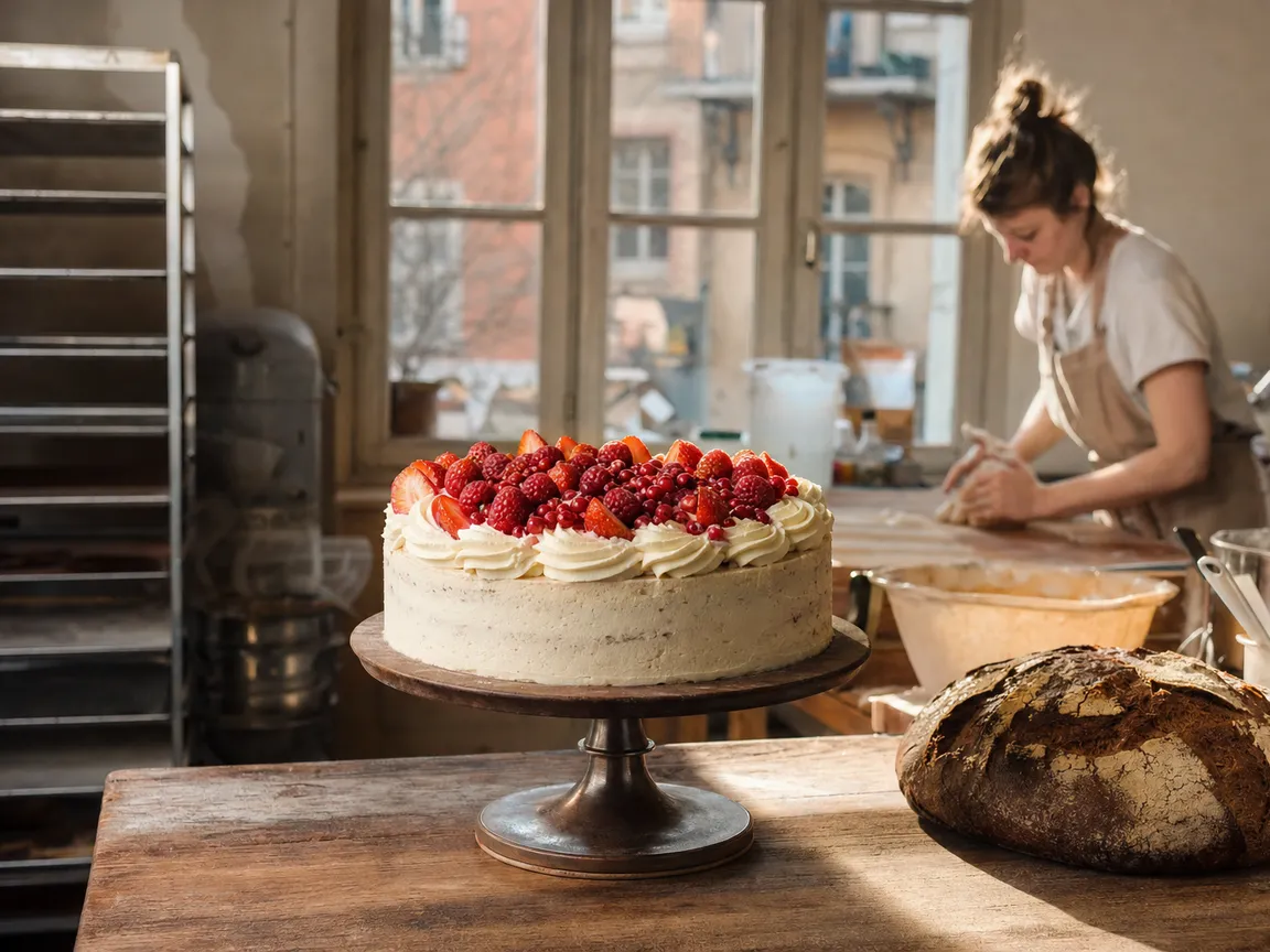 Gâteau aux fruits rouges et à la crème dans le laboratoire
