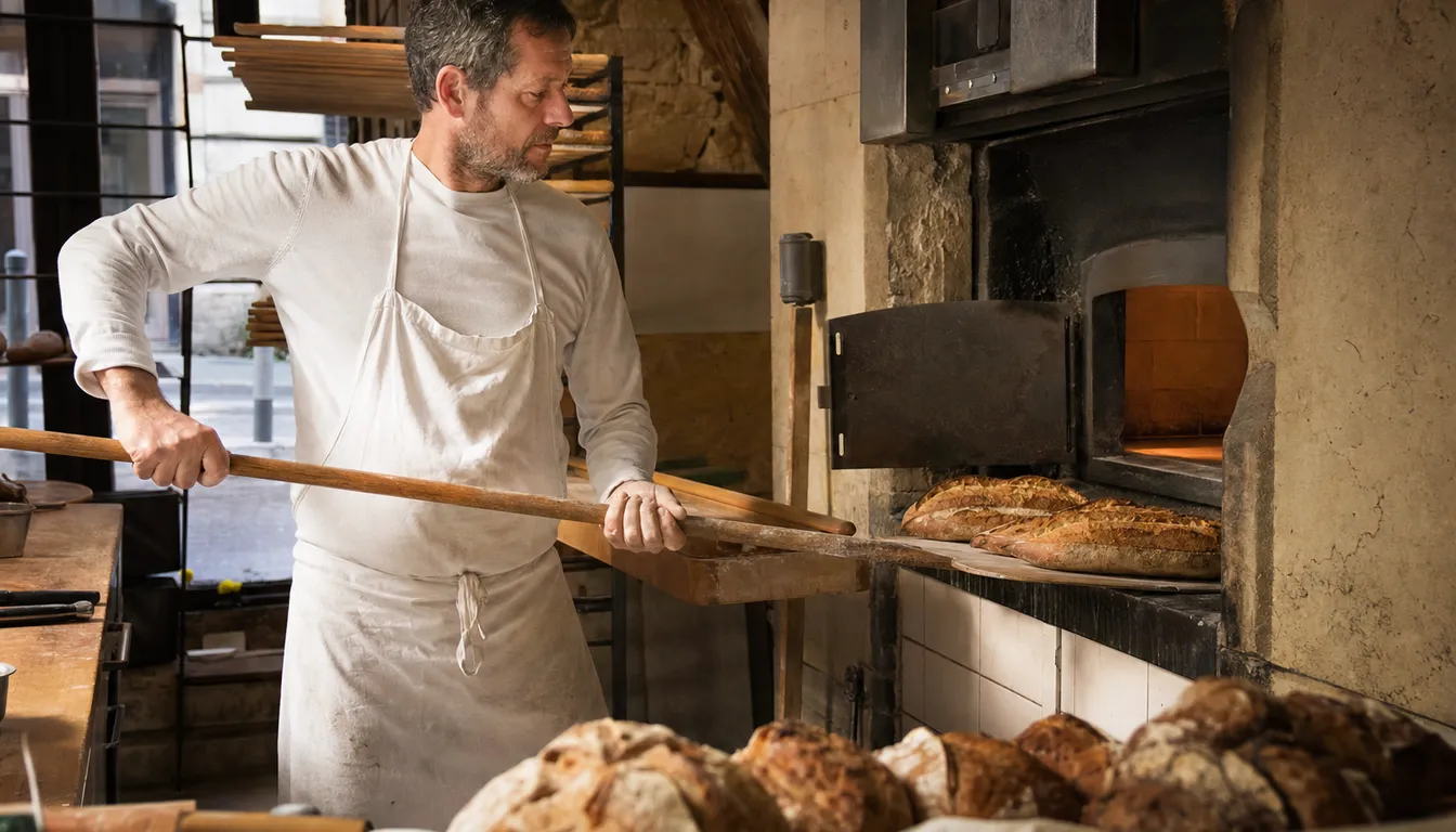 Le boulanger sort des baguettes du four à sole au petit matin