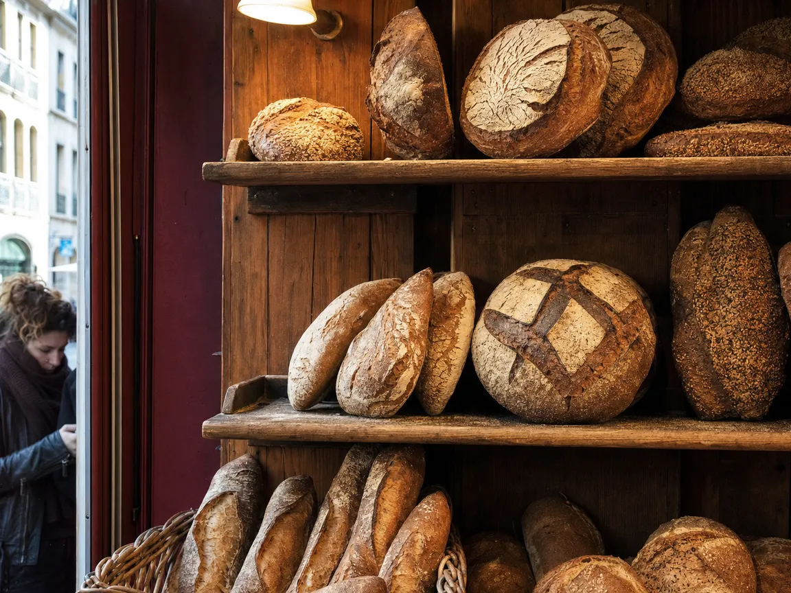 Pains au levain et baguettes sur les étagères en bois
