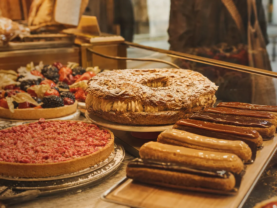 Vitrine avec tarte aux pralines, éclairs et Paris-Brest