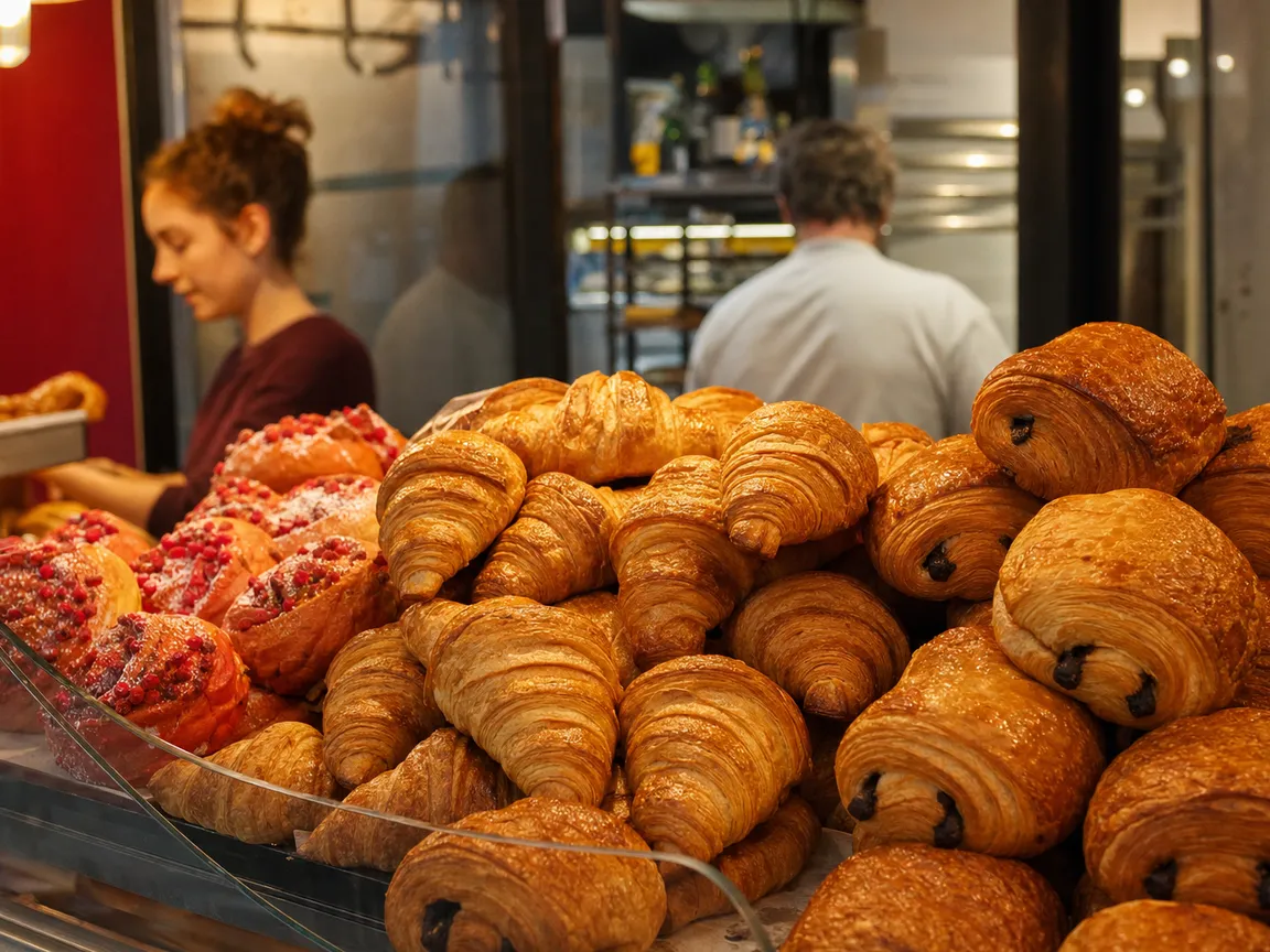 Croissants, pains au chocolat et brioches aux pralines roses